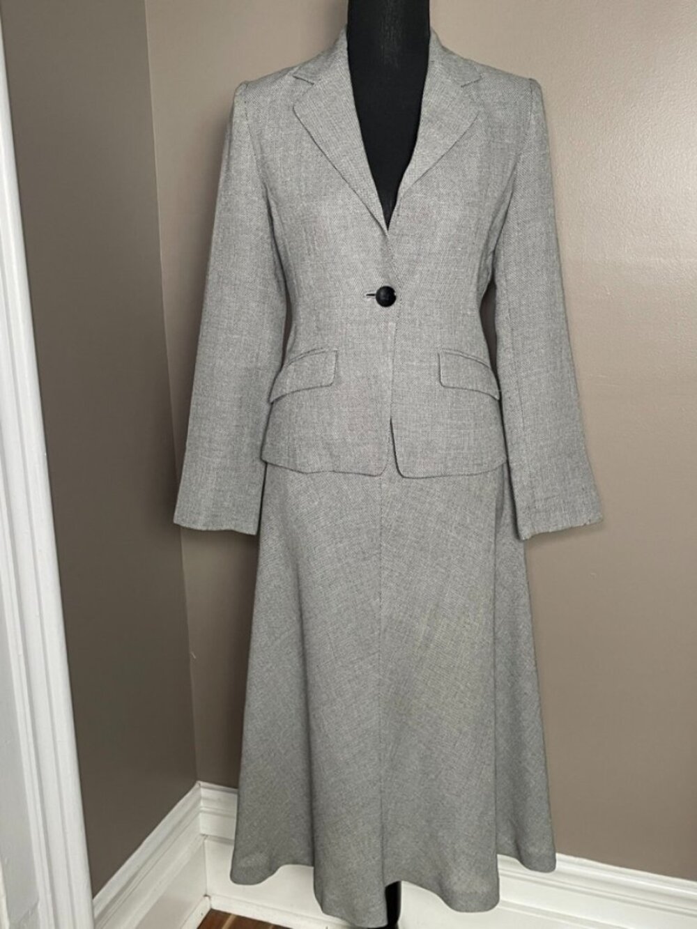 LAURA ASHLEY Vintage Japan Gray Textured Blazer & Maxi Skirt Set, Size 7